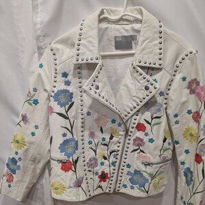 Genuine Leather Embroidered Gucci Style Moto Jacket US 12